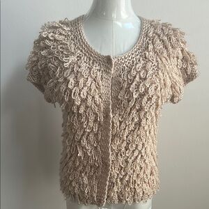 American Rag Women’s Shaggy Wool Blend Short Sleeve Boho Crop Cardigan Tan XS